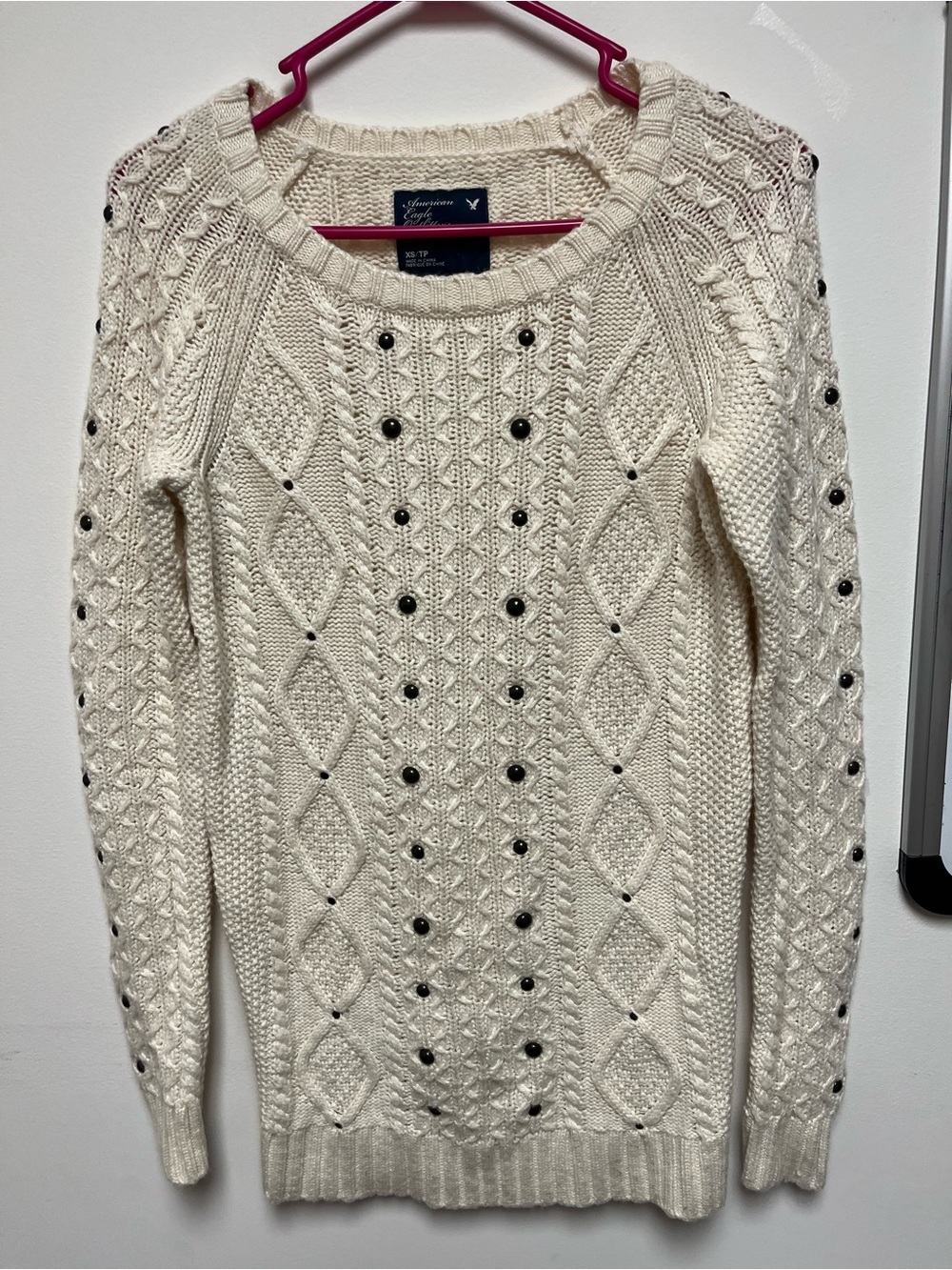 American Eagle Outfitters Cream Cable Knit Sweater with Stud Accents